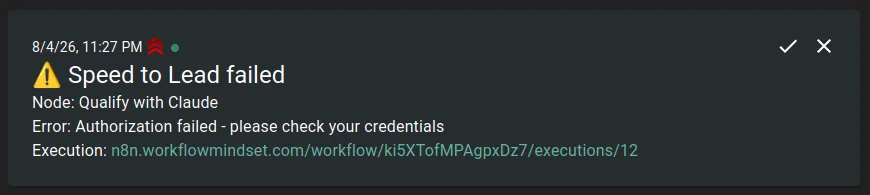 Push alert naming the failed workflow, the node, the error, and a link to the execution