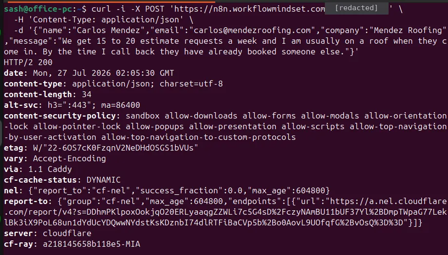Terminal showing a curl POST submitting a test inquiry and an HTTP 200 response