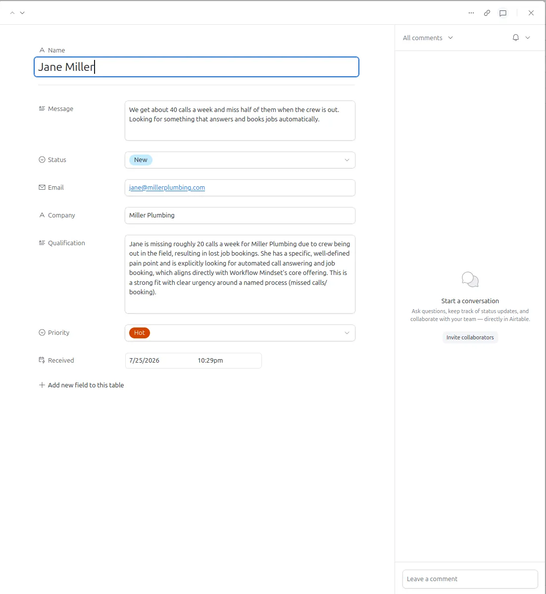Airtable record detail with a written qualification and a Hot priority
