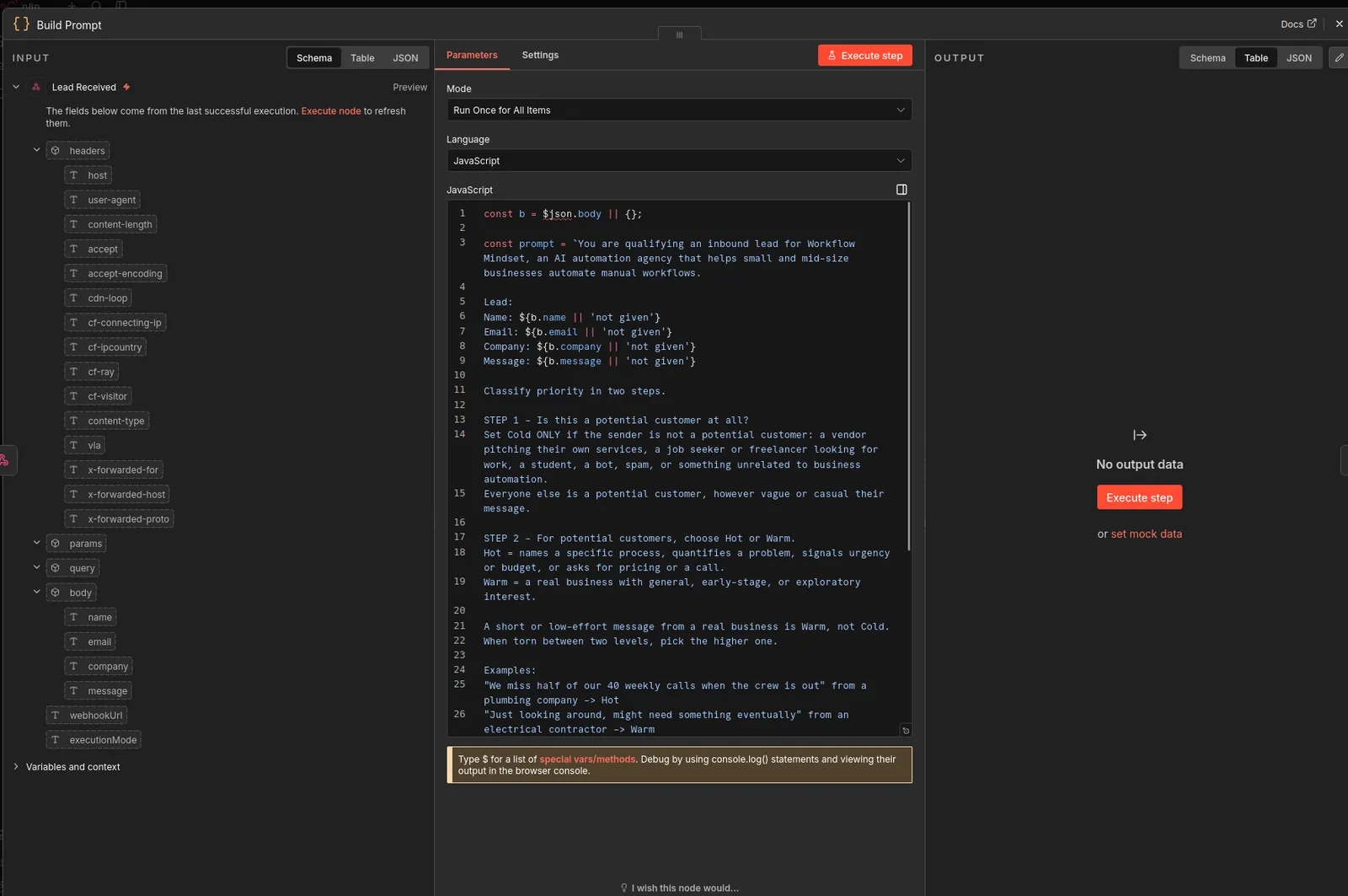 The Build Prompt node showing the two-step classification rubric with worked examples
