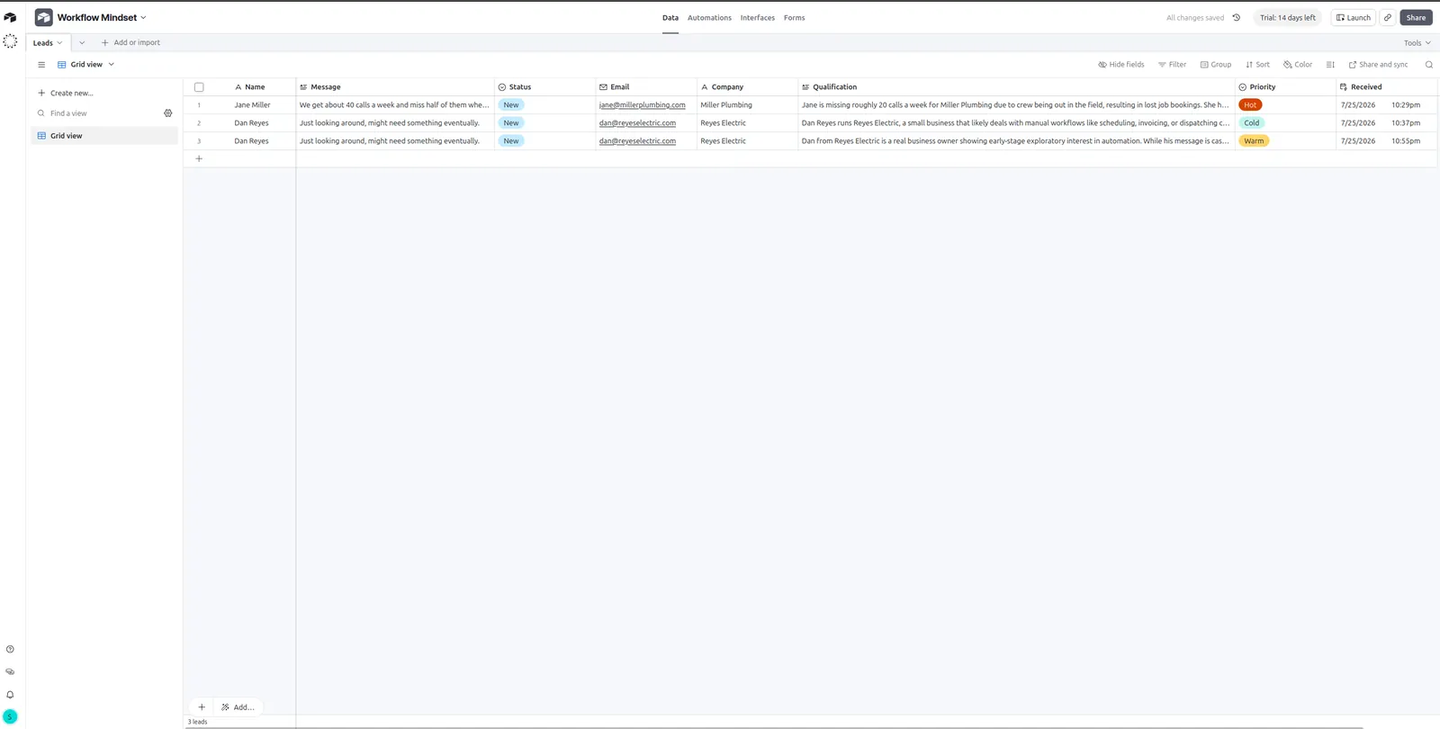 Two Airtable records with identical messages, classified Cold before tuning and Warm after
